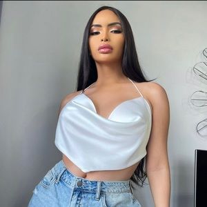 Fashion Nova White Satin Cowl Neck Top. Size small. Worn Once.